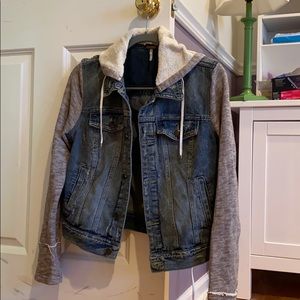 Hooded denim jacket with sweater sleeves